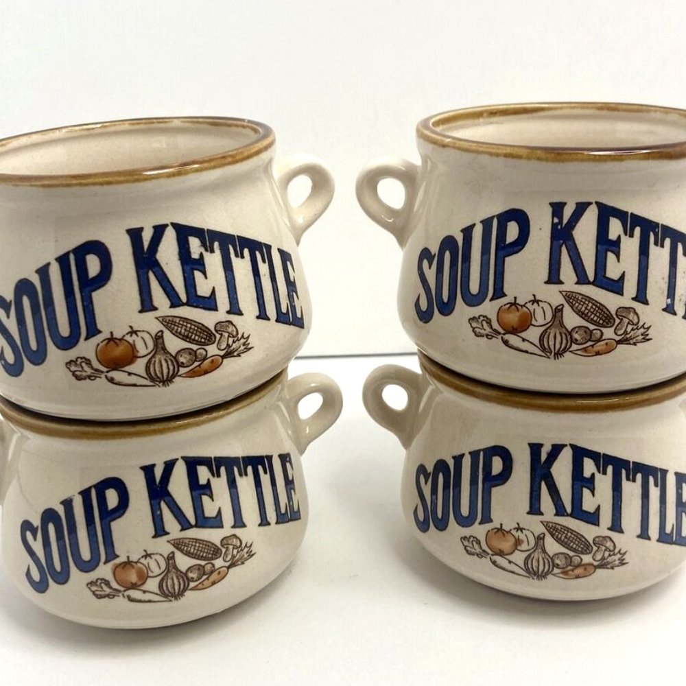 Vintage Set of 4 Soup Kettle Root Vegetable Brown Trim 16oz Mini Crocks